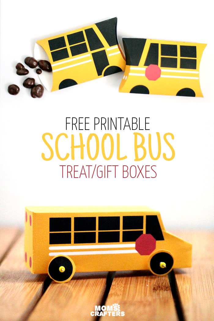 Grab these free printable school bus treat boxes for free! They include pillow box and a 3D bus that also makes a great toy. Perfect for back to school parties, transportation themed birthday party, or even as a gift box to thank a bus driver before school ends!