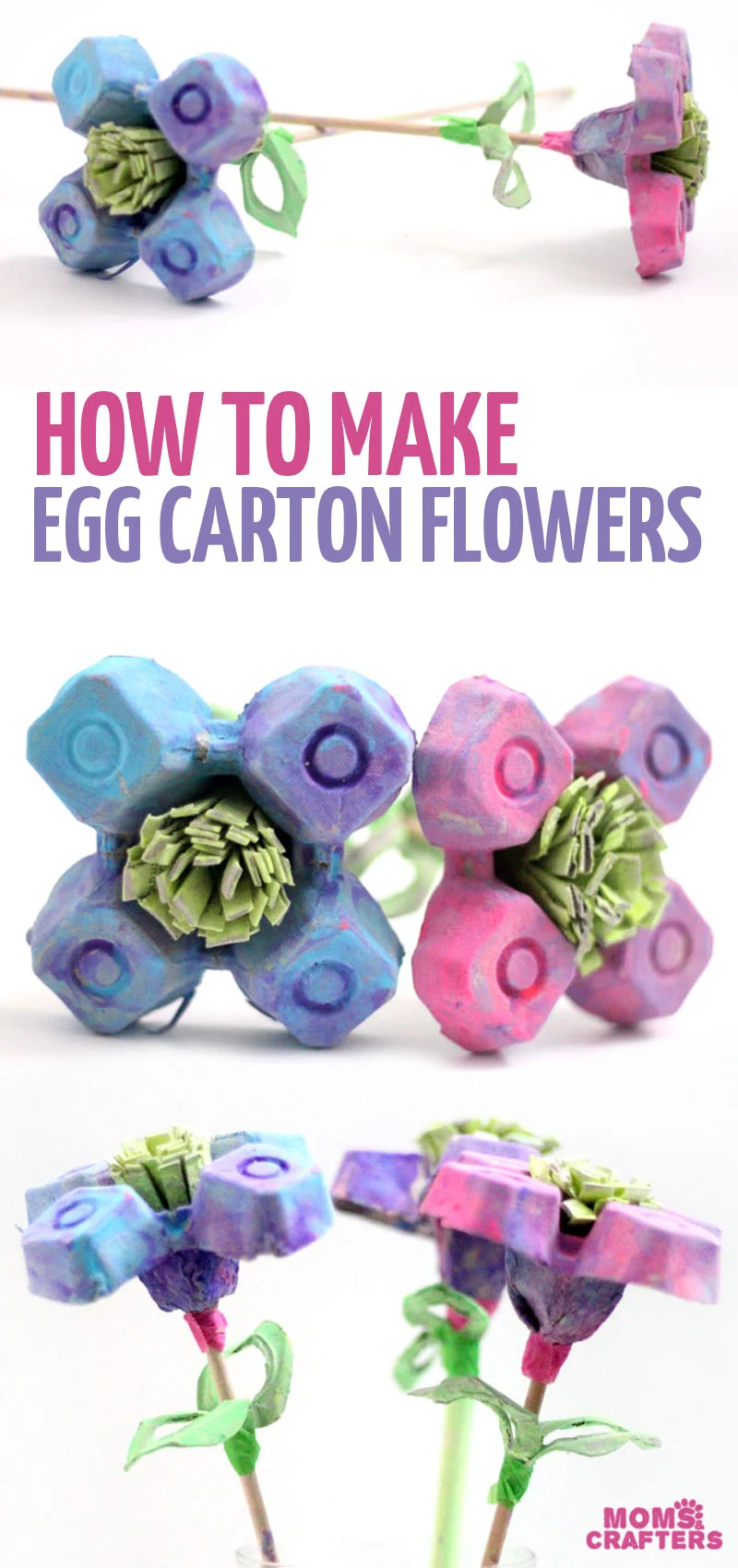 Beautiful egg carton flowers for kids or adults - this recycled flower craft is such a fun spring craft or summer craft for you to try! A fun take on paper flowers #kidscrafts #paperflowers #eggcarton #recycled
