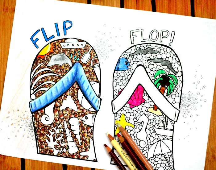 These beach themed ocean coloring pages for adults are so cool - many different levels of difficulty, and unique complex pages. YOu'll love these sea coloring pages, especially the flip flops.