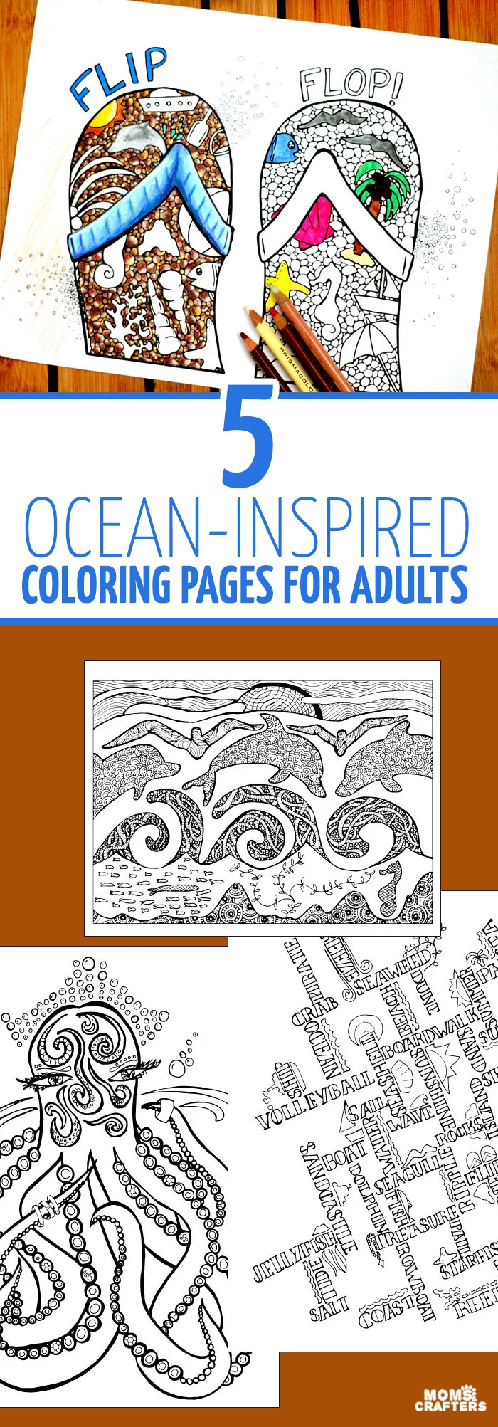 These beach themed ocean coloring pages for adults are so cool - many different levels of difficulty, and unique complex hand drawn pages. YOu'll love these sea coloring pages, especially the flip flops.