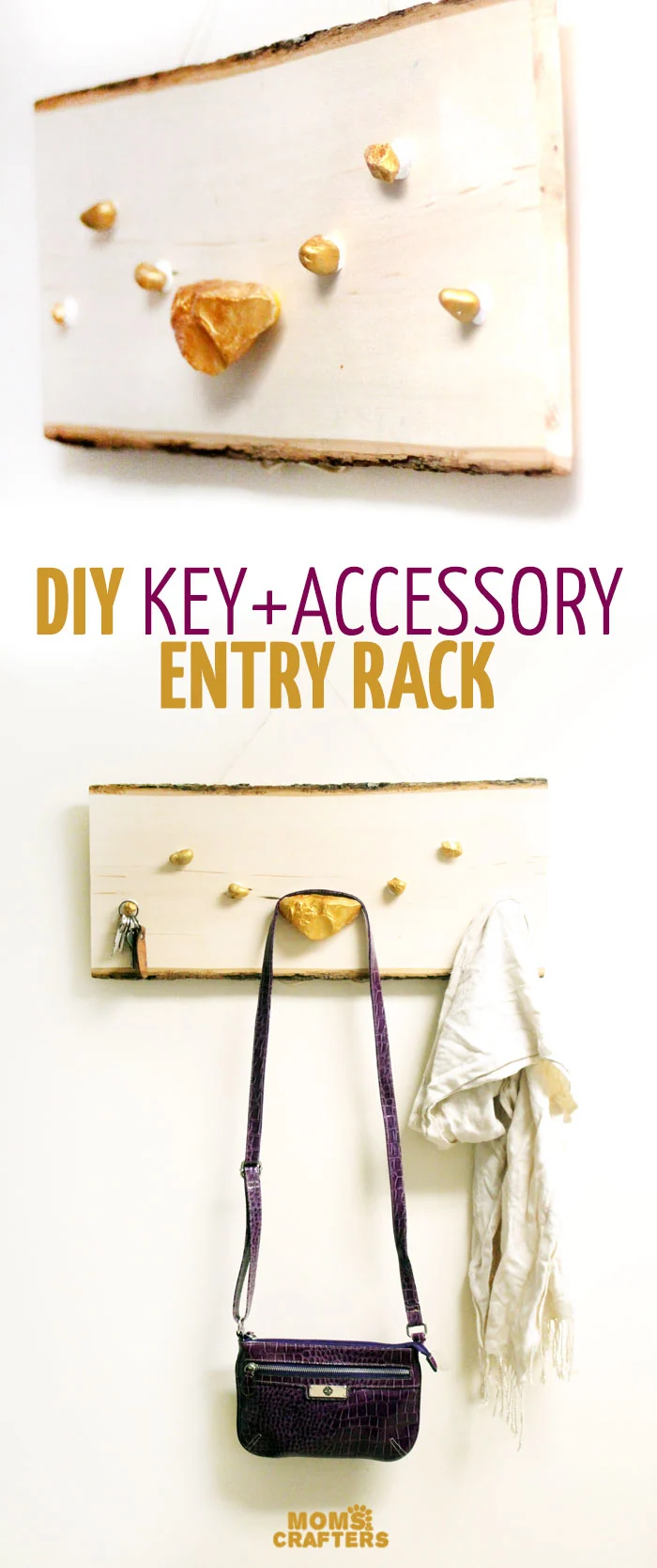 I LOVE how easy it is to make this DIY key and accessory organizer. What a great idea to declutter an entryway. IT will fit a rustic or natural home decor theme, with a touch of metallic gold too. Such a great entry organization idea - and it uses rocks, which are stuck WITHOUT TOOLS - how cool?!