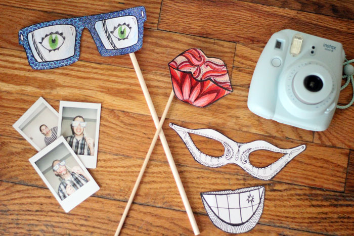 I love this fun party idea! Get these free printable color-in photo props coloring pages for adults, have people color them in, take Instax photos with them, and send home a fun souvenir.