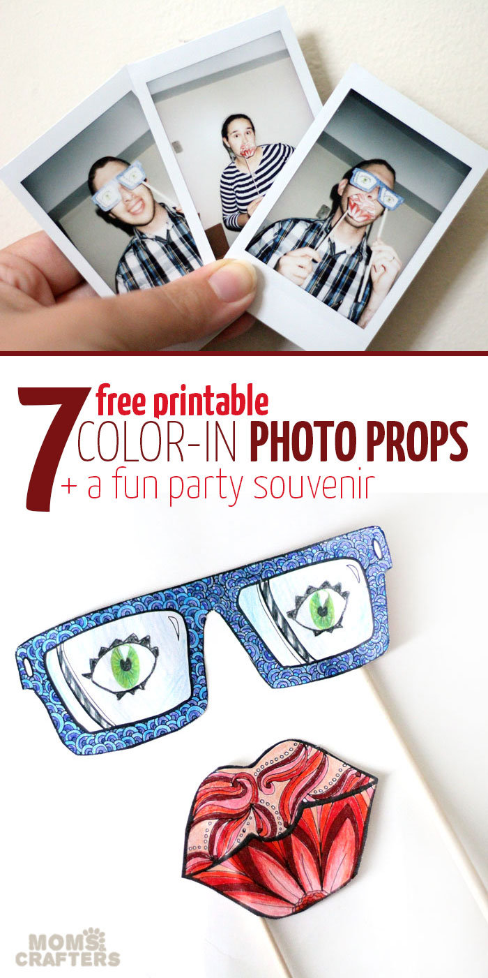 I love this fun party idea! Get these free printable color-in photo props coloring pages for adults, have people color them in, take Instax photos with them, and send home a fun souvenir.