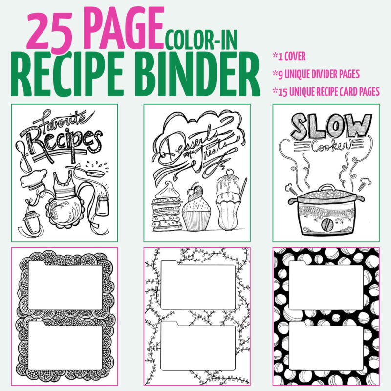 Printable recipe binder coloring pages for adults - so cool! this is such an artful and unique way to organize recipes you get from others.