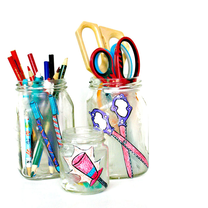 Desk Jar Organizers using coloring pages