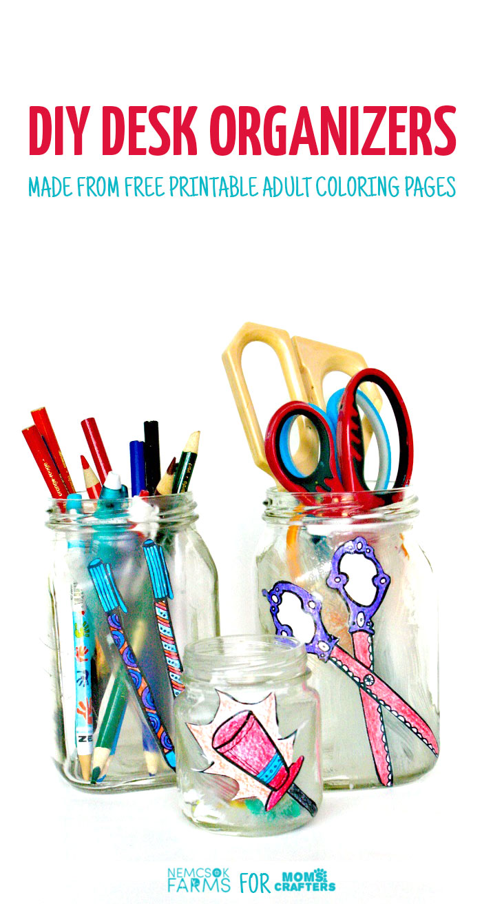 Um, why did I NOT think of this sooner? Check out how my friend took free printable adult coloring page and turned them into cool desk jar organizers, using recycled jars, and costing her literally pennies! This is one of my favorite easy and frugal desk organization ideas!