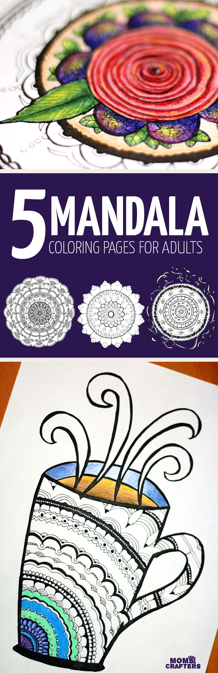 Grab these 5 cool printable mandala coloring pages for adults - floral, petals, rosette, buttons and fabric, and a mandala coffee mug!