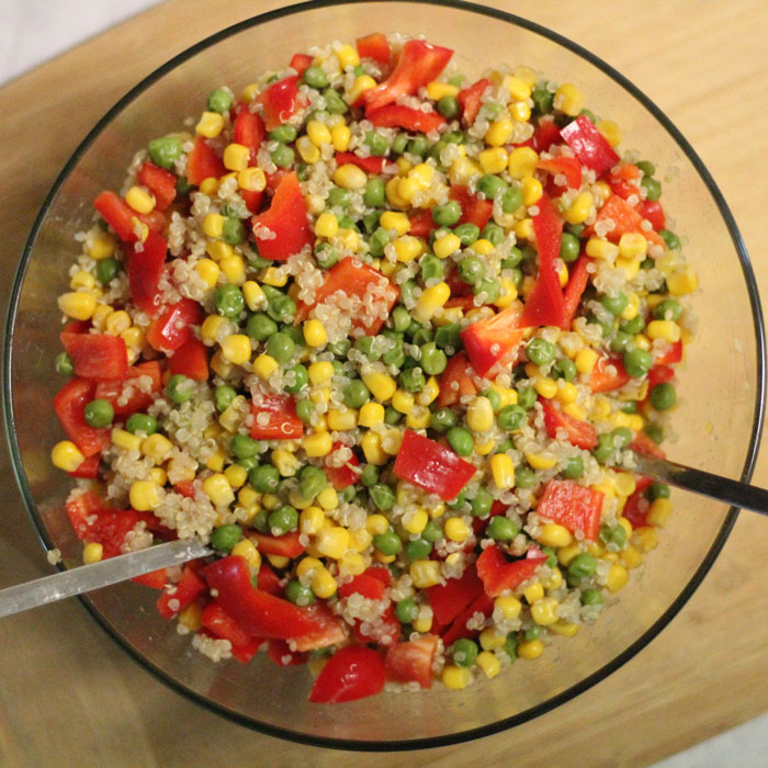 I love keeping a bowl of this easy and healthy garden quinoa salad recipe in the fridge! It's a great no-heat full meal with protein and vegetables - plus it's so colorful and pretty! Perfect for breastfeeding moms (I keep it handy while nursing)