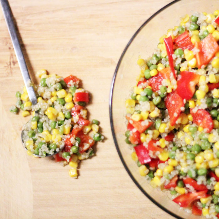 I love keeping a bowl of this easy and healthy garden quinoa salad recipe in the fridge! It's a great no-heat full meal with protein and vegetables - plus it's so colorful and pretty! Perfect for breastfeeding moms (I keep it handy while nursing)