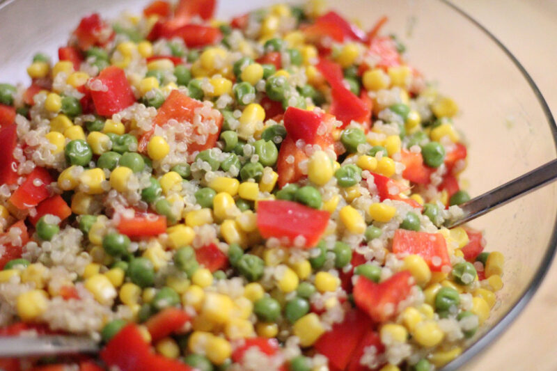 I love keeping a bowl of this easy and healthy garden quinoa salad recipe in the fridge! It's a great no-heat full meal with protein and vegetables - plus it's so colorful and pretty! Perfect for breastfeeding moms (I keep it handy while nursing)