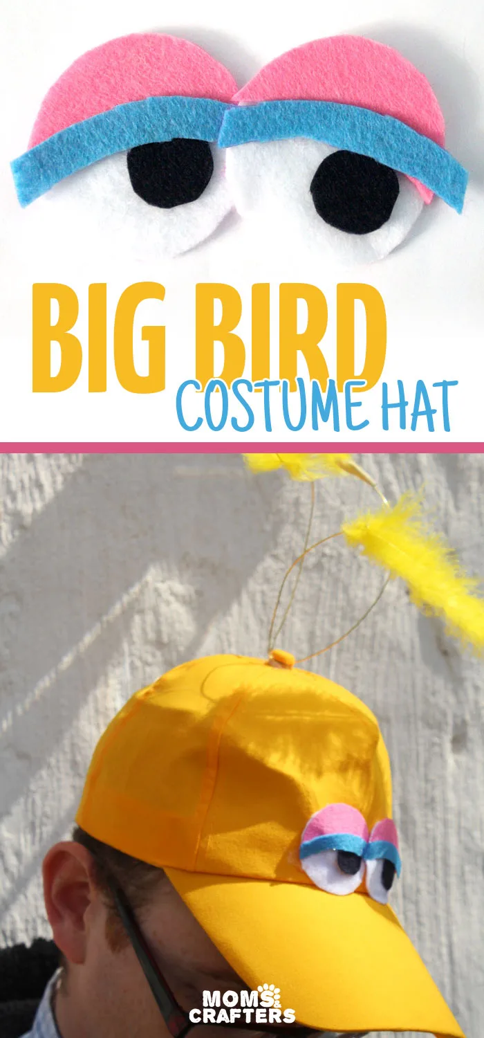 Make an easy no-sew DIY big bird costume hat! You can wear it alone or with a bigger getup, but this definitely speaks sesame street! Perfect for toddlers or adults for halloween, purim, or pretend play.