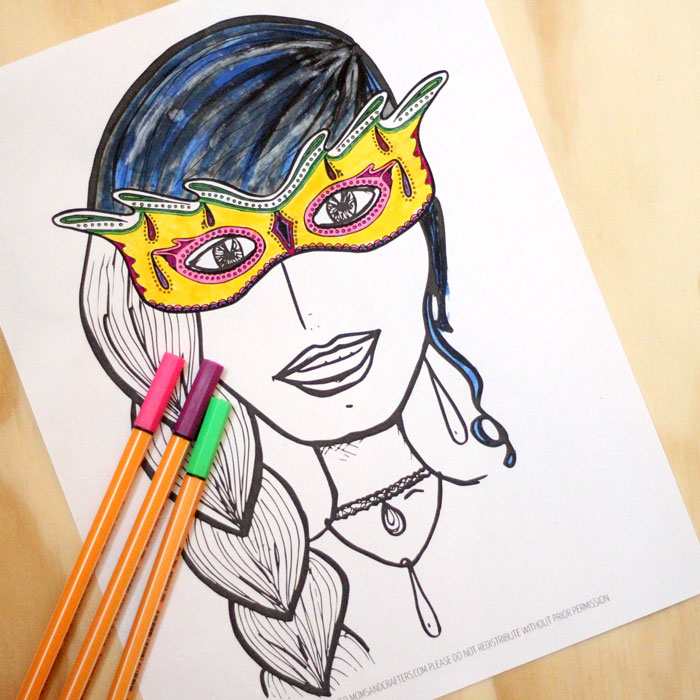 Grab this free printable coloring page for adults! This Halloween coloring page is also perfect for Mardi Gras, Purim, or every day and it's a great way to relax. 