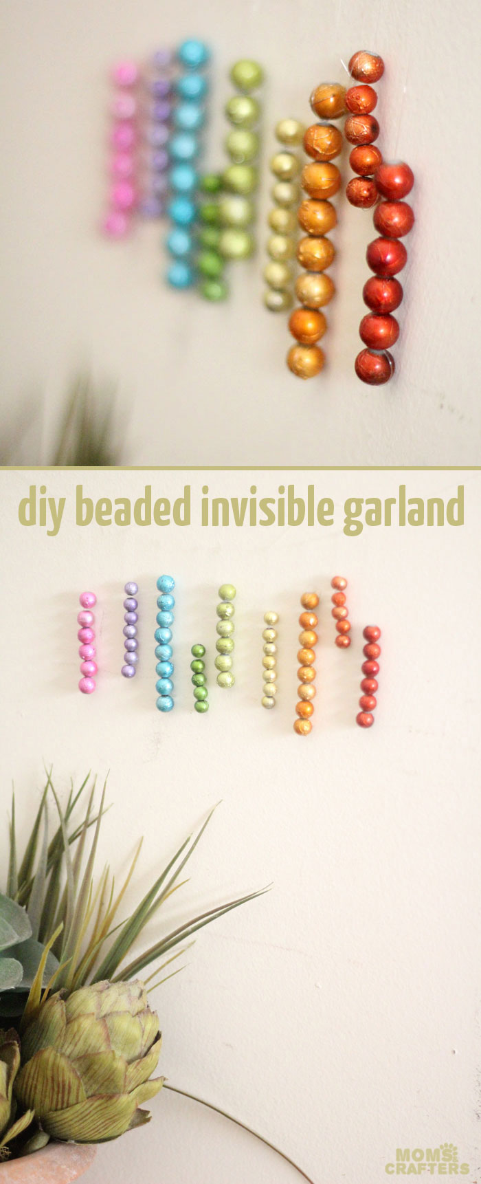 This beautiful DIY garland seems to disappear on the wall, leaving you with the hanging beaded strands! Such a cool effect. Make this easy beaded rainbow garland as a regular home decor staple or as a cool sukkah decoration craft.