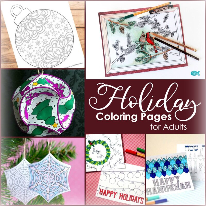 click on the image to download these free printable holiday cards adult coloring pages! You have two designs for christmas and two for hanukkah / chanukah so that you have a beautiful DIY card for whichever holidays your close ones celebrate.