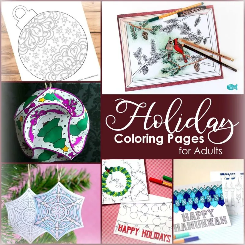 click on the image to download these free printable holiday cards adult coloring pages! You have two designs for christmas and two for hanukkah / chanukah so that you have a beautiful DIY card for whichever holidays your close ones celebrate.