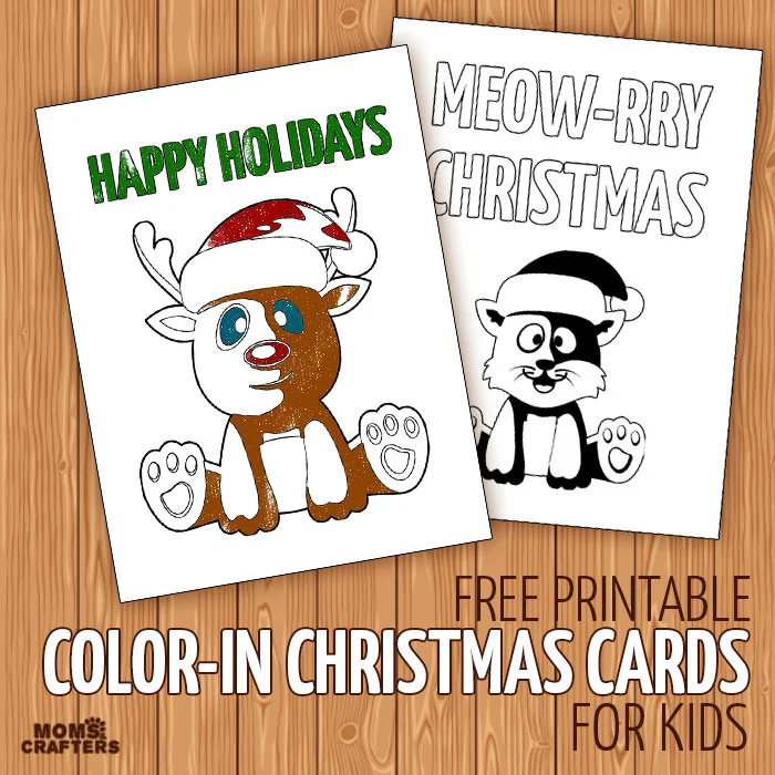 Free printable color-in holiday cards for kids - these christmas cards are so cute! Great ideas for kid-made cards without the mess, to involve kids in the holidays.