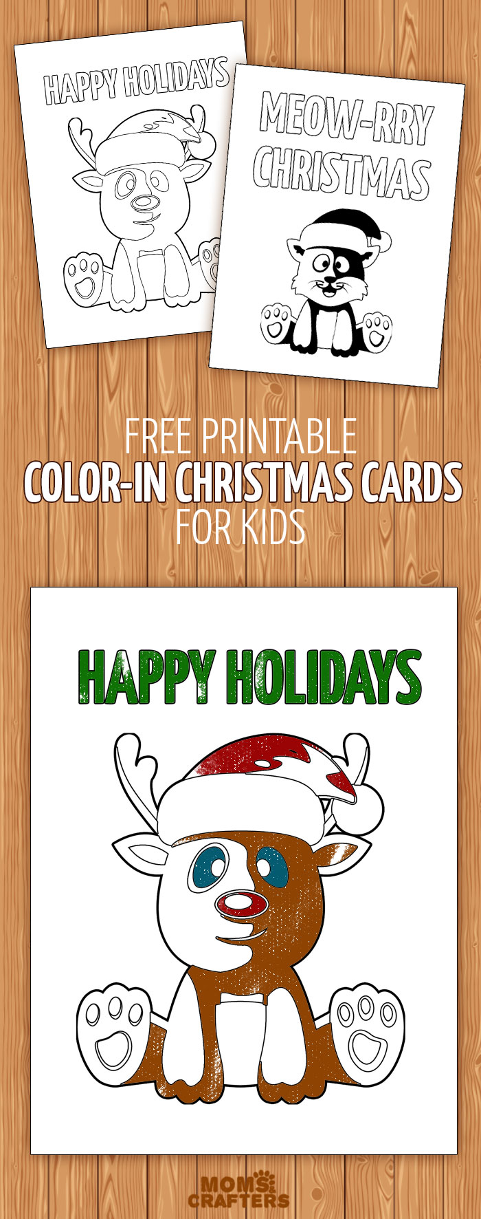 Free printable color-in holiday cards for kids - these christmas cards are so cute! Great ideas for kid-made cards without the mess, to involve kids in the holidays.