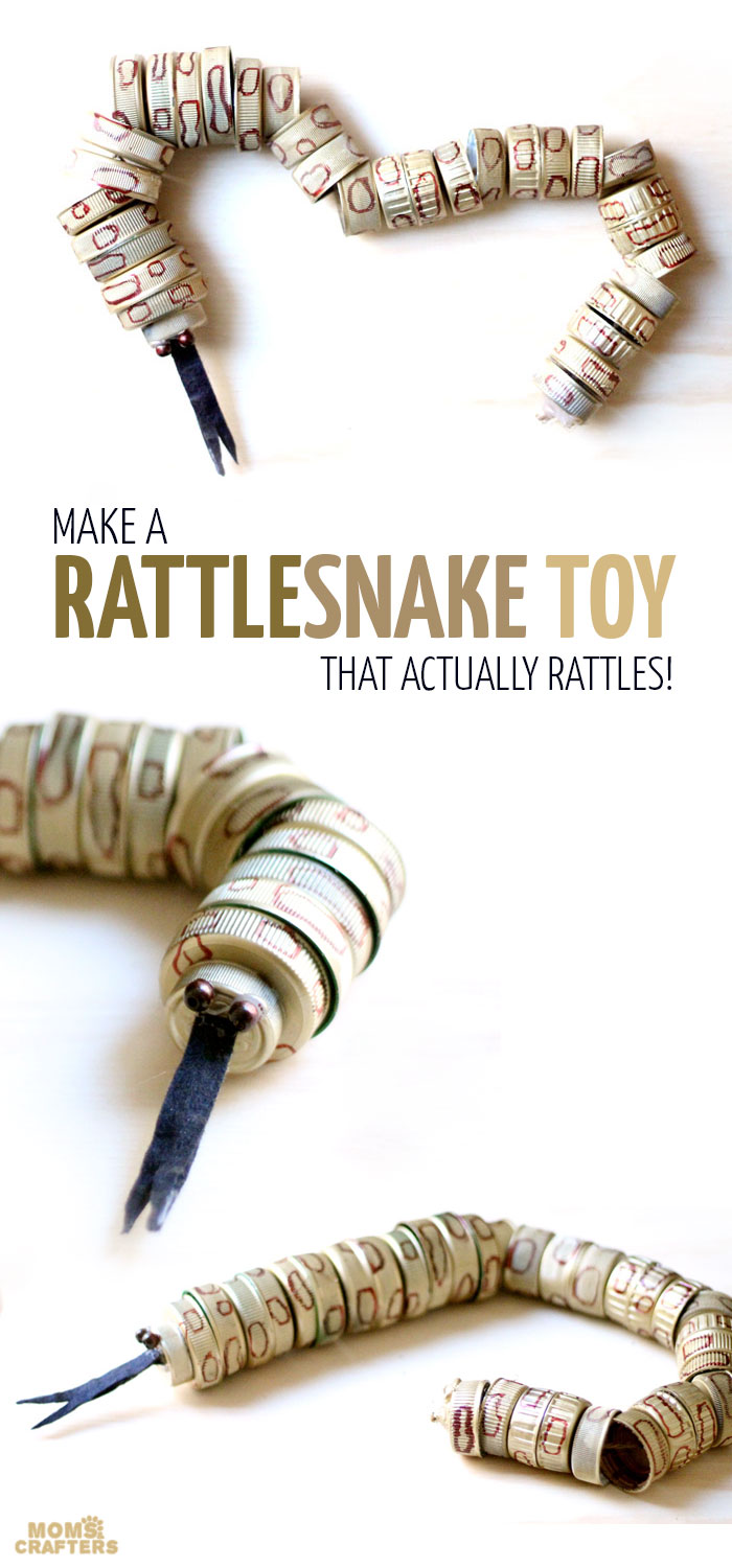 turn your recycling bin into a fun toy! Make a bottle cap rattlesnake craft for your little ones to play with - it actually rattles! This upcycled craft is a fun way to use up your bottle caps and a cute DIY toy idea.