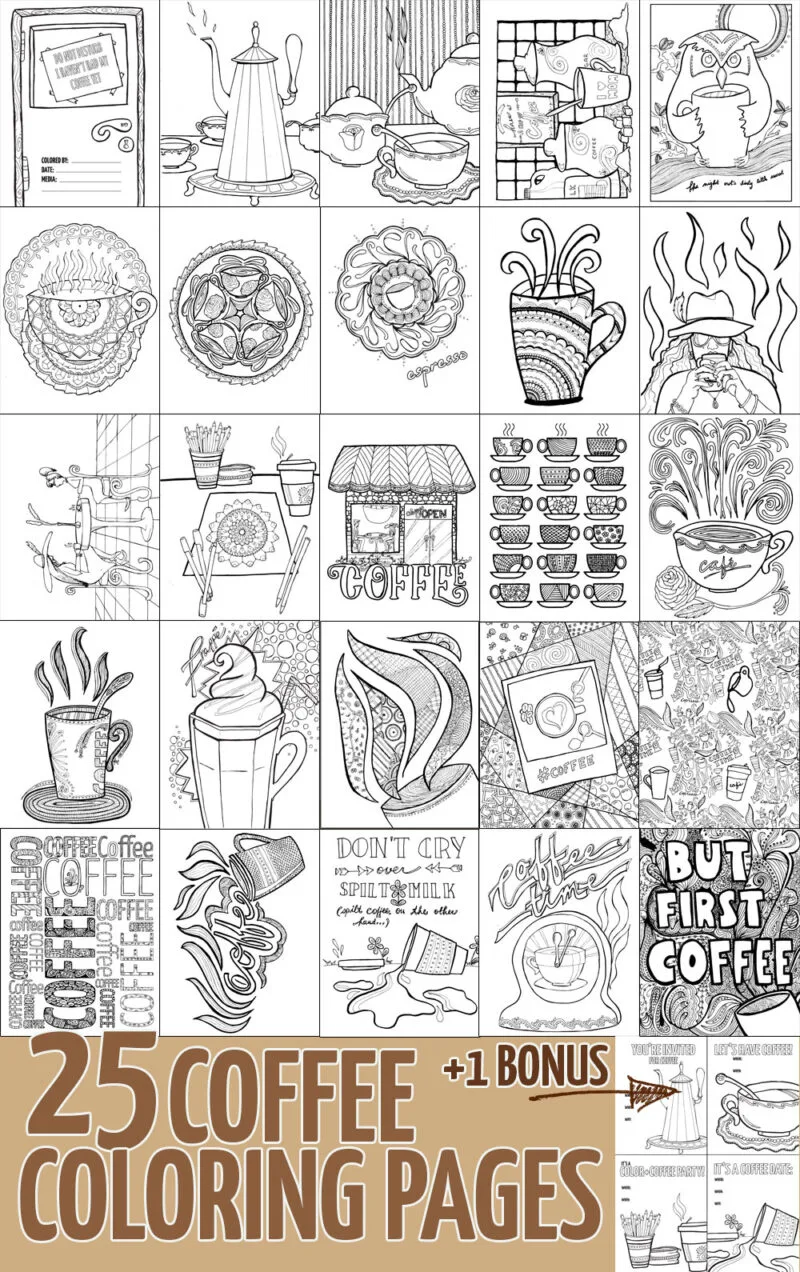 If you love coffee coloring pages for adults, you're going to go nuts over this pack of 25 - plus bonus coffee date invites! It includes coffee mandala colouring pages for grown-ups, owls, still-life, and more all in a coffee theme! click to find out more.