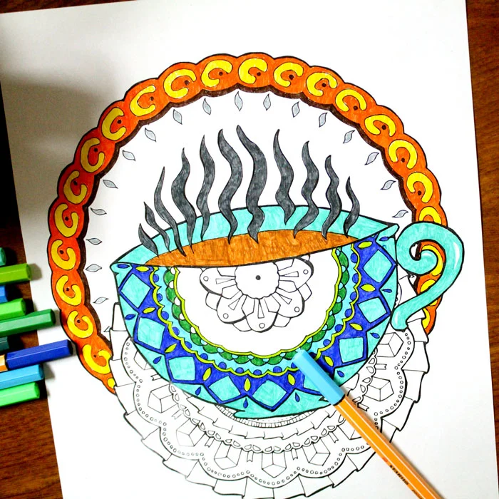 If you love coffee coloring pages for adults, you're going to go nuts over this pack of 25 - plus bonus coffee date invites! It includes coffee mandala colouring pages for grown-ups, owls, still-life, and more all in a coffee theme! click to find out more.