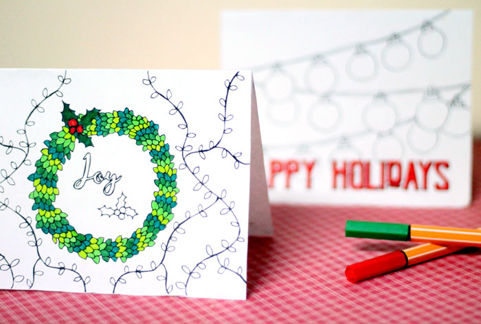 click on the image to download these free printable holiday cards adult coloring pages! You have two designs for christmas and two for hanukkah / chanukah so that you have a beautiful DIY card for whichever holidays your close ones celebrate.