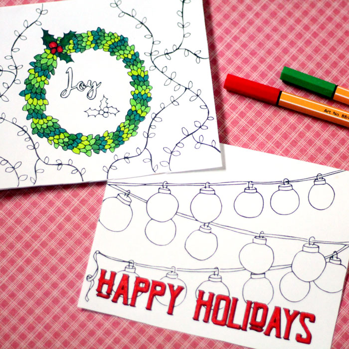 click on the image to download these free printable holiday cards adult coloring pages! You have two designs for christmas and two for hanukkah / chanukah so that you have a beautiful DIY card for whichever holidays your close ones celebrate.