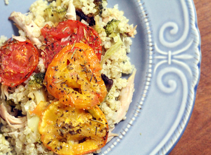 Use up your leftover turkey or chicken with this delicious quinoa salad. It's a great easy dinner for after Thanksgiving, or any time you have leftovers you need to use. Use up your vegetable dishes and your overripe vegetables as well.