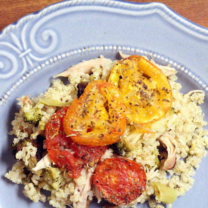 Use up your leftover turkey or chicken with this delicious quinoa salad. It's a great easy dinner for after Thanksgiving, or any time you have leftovers you need to use. Use up your vegetable dishes and your overripe vegetables as well.