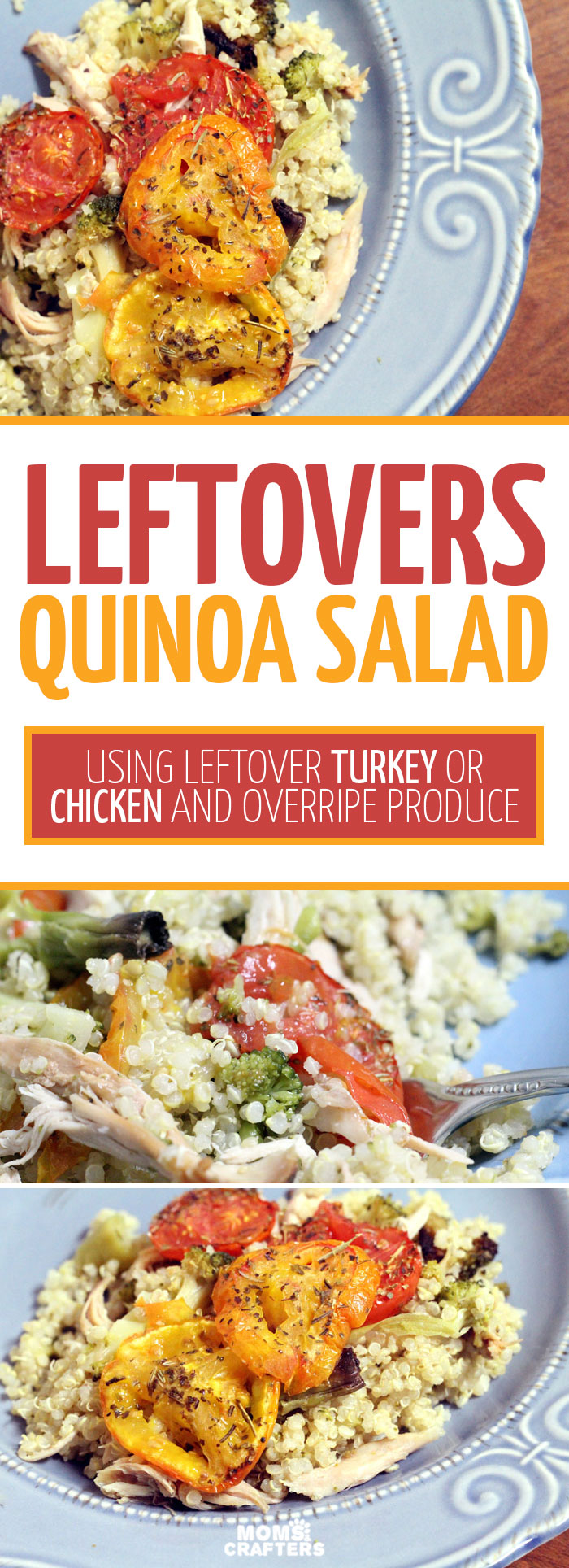 Use up your leftover turkey or chicken with this delicious quinoa salad. It's a great easy dinner for after Thanksgiving, or any time you have leftovers you need to use. Use up your vegetable dishes and your overripe vegetables as well.