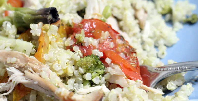 Use up your leftover turkey or chicken with this delicious quinoa salad. It's a great easy dinner for after Thanksgiving, or any time you have leftovers you need to use. Use up your vegetable dishes and your overripe vegetables as well.