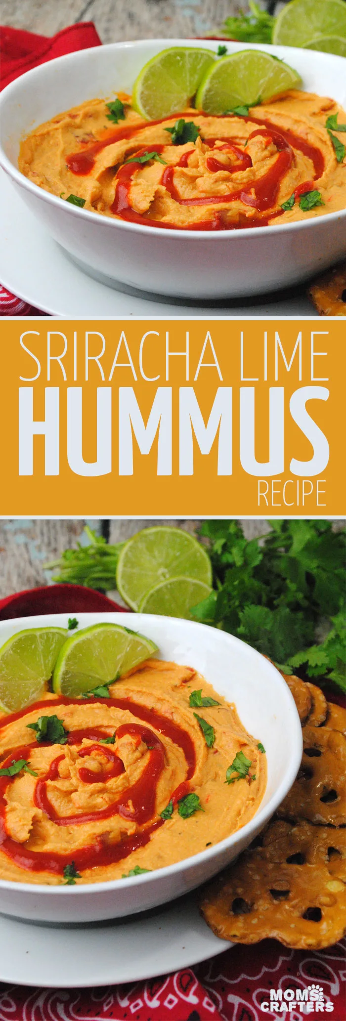 Make this delicious sriracha lime hummus recipe - a dip recipe with a kick! It's totally kid friendly and beautiful to display.