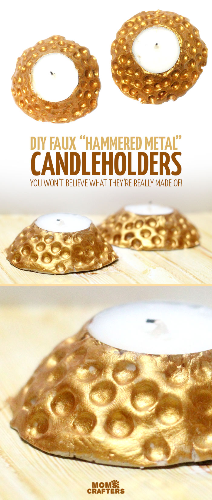 These beautiful faux hammered metal candle holders are stunning - and so easy to make! You don't need to be a pro to give this easy craft and DIY gift idea a whirl. Make DIY clay candle holders using a very specific clay that will work for this craft idea.