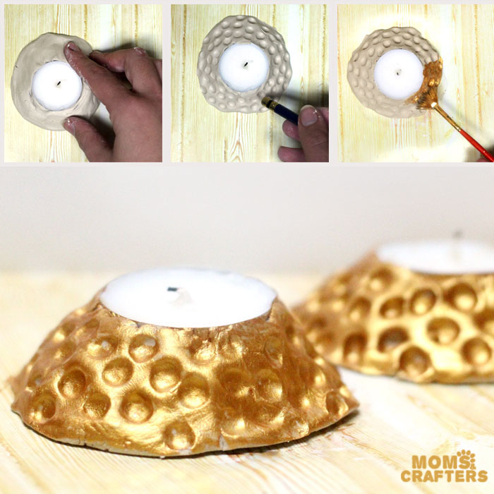 These beautiful faux hammered metal candle holders are stunning - and so easy to make! You don't need to be a pro to give this easy craft and DIY gift idea a whirl. Make DIY clay candle holders using a very specific clay that will work for this craft idea.
