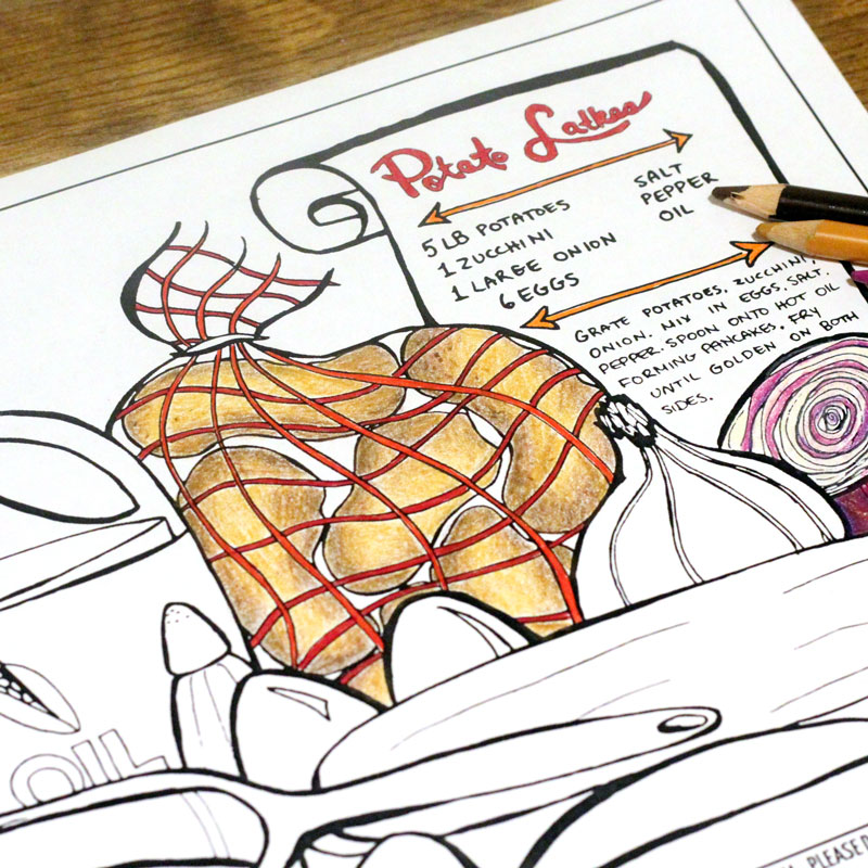 It's a free printable Hanukkah coloring page for adults! Download this colouring page for grown-ups as a fun Chanukah activity for parties. It includes a recipe for golden potato latkes for you to enjoy - a traditional Hanukkah food.