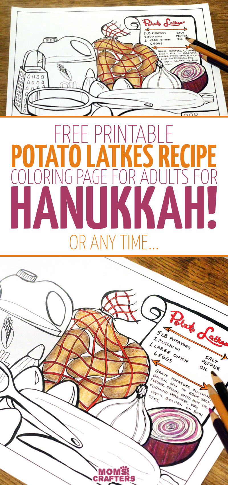 It's a free printable Hanukkah coloring page for adults! Download this colouring page for grown-ups as a fun Chanukah activity for parties. It includes a recipe for golden potato latkes for you to enjoy - a traditional Hanukkah food.