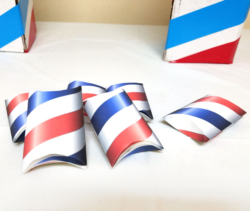 If you're throwing a barber shop themed or haircut party, or even a mustache bash, you may want to check out these free printable barber shop treat boxes - you can just print these favor boxes and they are easy to assemble and fill with inexpensive candy or favors. The fun red white and blue pillow boxes are also patriotic and great for Independence Day