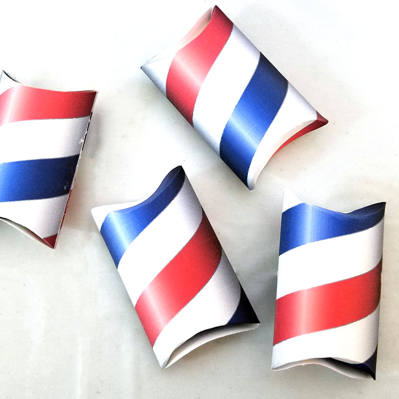 If you're throwing a barber shop themed or haircut party, or even a mustache bash, you may want to check out these free printable barber shop treat boxes - you can just print these favor boxes and they are easy to assemble and fill with inexpensive candy or favors. The fun red white and blue pillow boxes are also patriotic and great for Independence Day