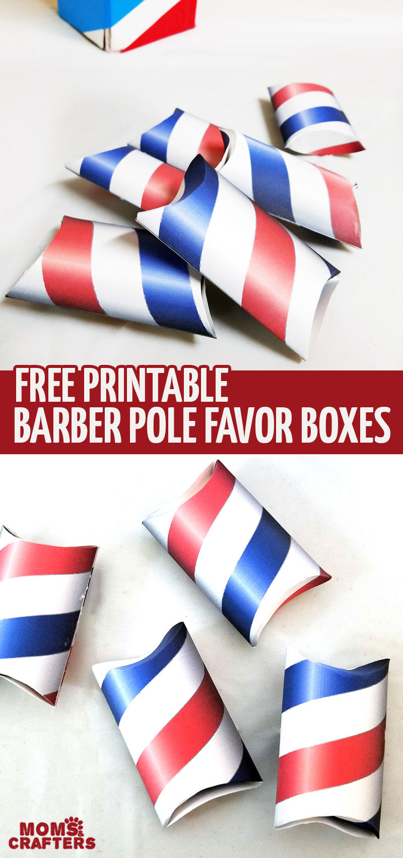 If you're throwing a barber shop themed or haircut party, or even a mustache bash, you may want to check out these free printable barber shop treat boxes - you can just print these favor boxes and they are easy to assemble and fill with inexpensive candy or favors. The fun red white and blue pillow boxes are also patriotic and great for Independence Day