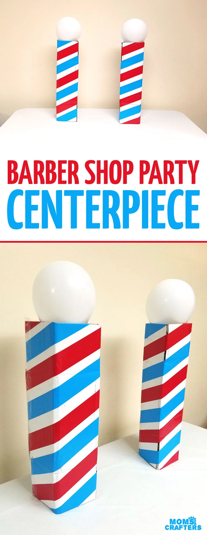Make this barber shop pole centerpiece for you haircut party! This cool barber shop party decor idea is easy to make, mess-free, and uses recycled materials and is a great, easy upcycled cardboard box craft idea!