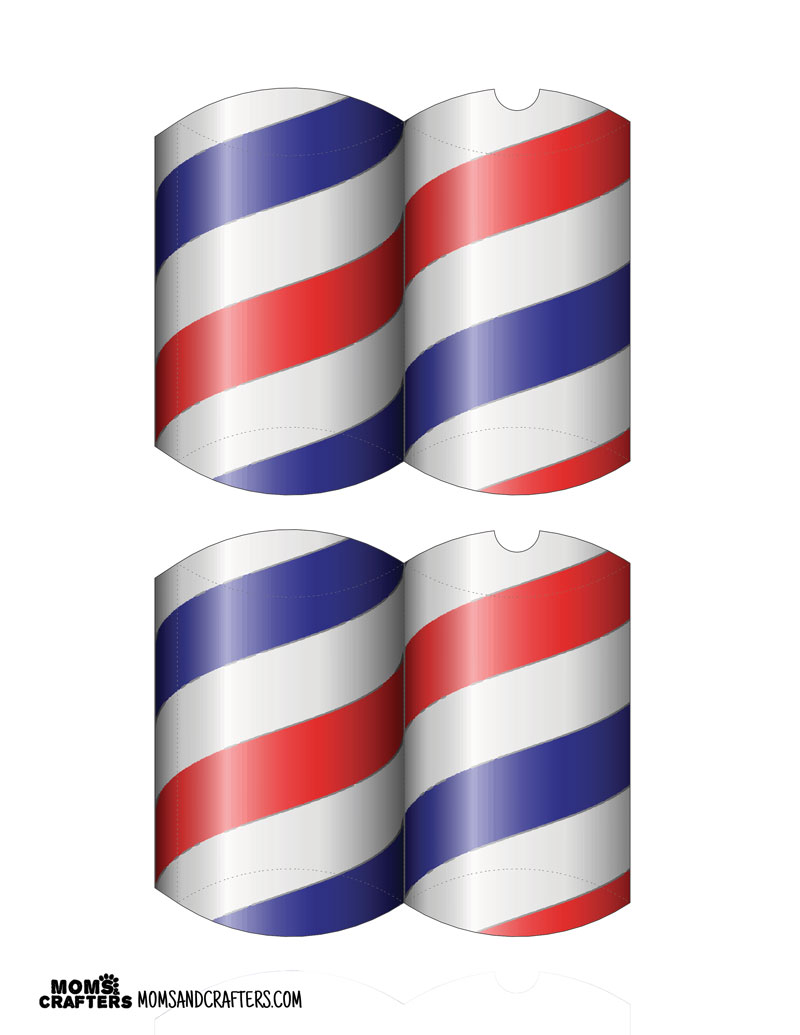 If you're throwing a barber shop themed or haircut party, or even a mustache bash, you may want to check out these free printable barber shop treat boxes - you can just print these favor boxes and they are easy to assemble and fill with inexpensive candy or favors. The fun red white and blue pillow boxes are also patriotic and great for Independence Day