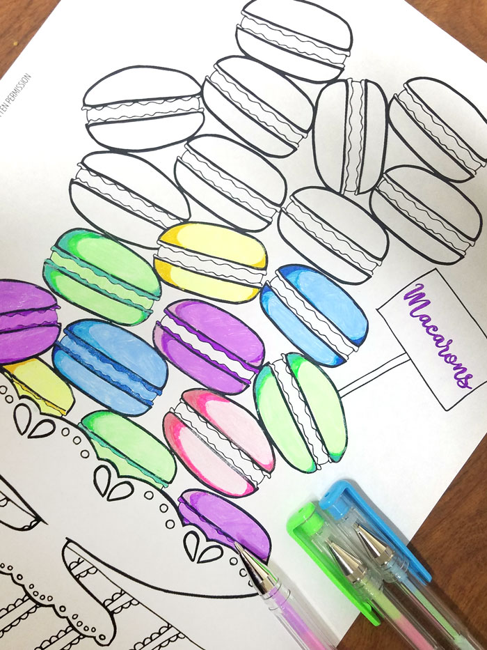 Free Printable coloring pages for adults - get this free food coloring page download for grown-ups! Color these macarons using pretty pastels or however you like them - whatever you do, just don't topple the pile! these are a great activity at a French themed event or to frame and hang as DIY kitchen decor.