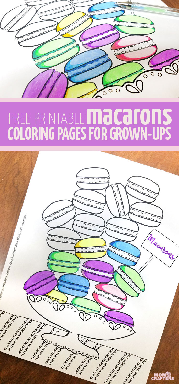 Free Printable coloring pages for adults - get this free food coloring page download for grown-ups! Color these macarons using pretty pastels or however you like them - whatever you do, just don't topple the pile! these are a great activity at a French themed event or to frame and hang as DIY kitchen decor.