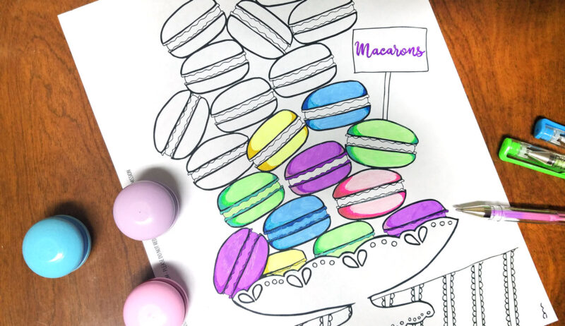 Free Printable coloring pages for adults - get this free food coloring page download for grown-ups! Color these macarons using pretty pastels or however you like them - whatever you do, just don't topple the pile! these are a great activity at a French themed event or to frame and hang as DIY kitchen decor.