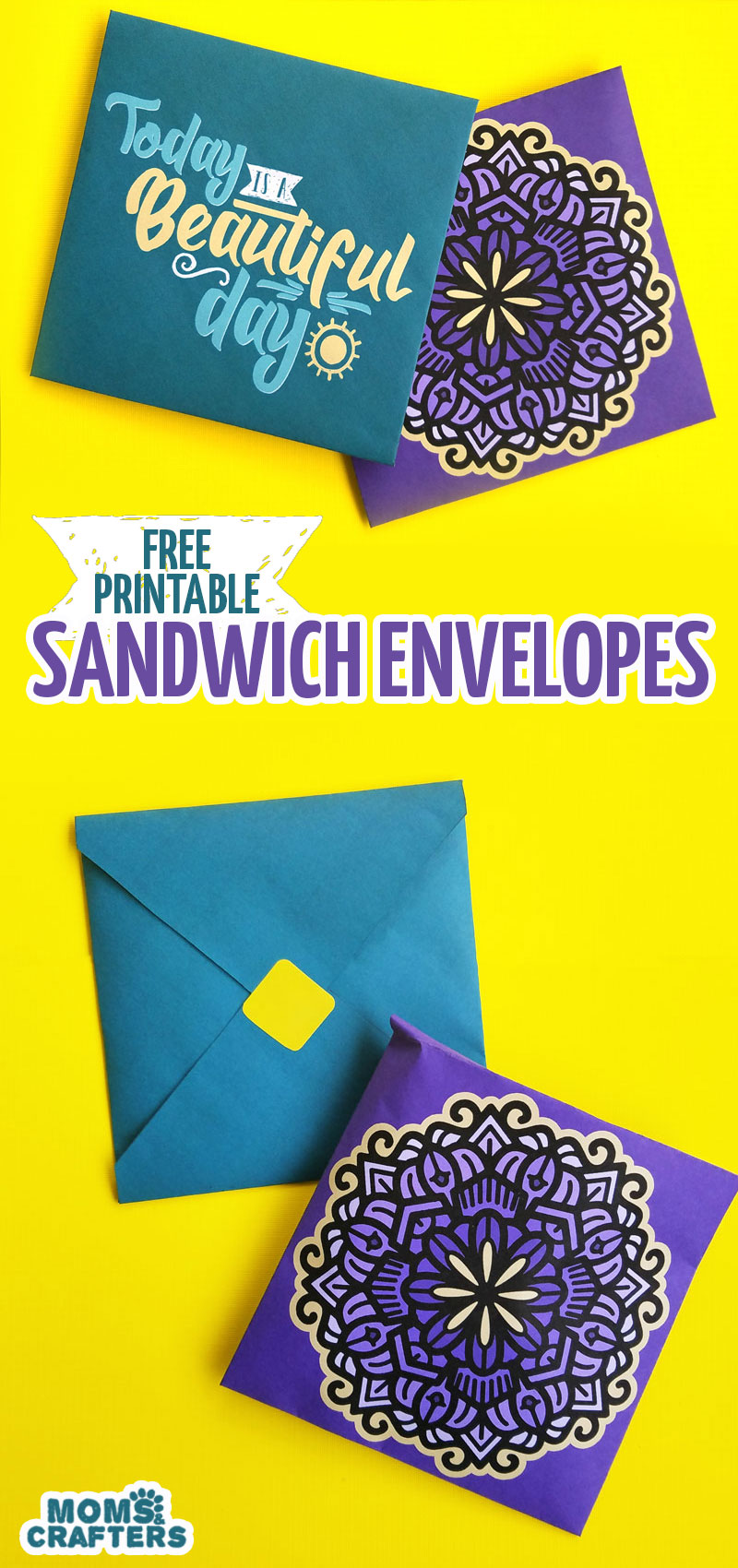 I use these free printable sandwich envelopes as a recyclable alternative to sandwich bags - plus my son loves them! They are a really great way for moms to make lunch a little more fun and special. You can use these free printable square envelopes for note cards and staionery too - one has a fun typography message and one has pretty mandala art on it.