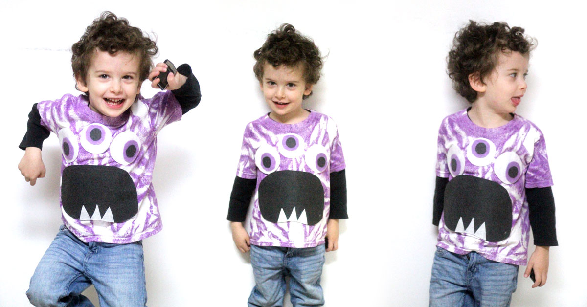 Make this quick and easy adorable DIY monster t-shirt! I love the purple tie die and it's a great DIY tee for toddlers and preschoolers. This felt monster shirt for kids is an awesome and easy shirt idea to try and a great way to upcycle an old stained tee.