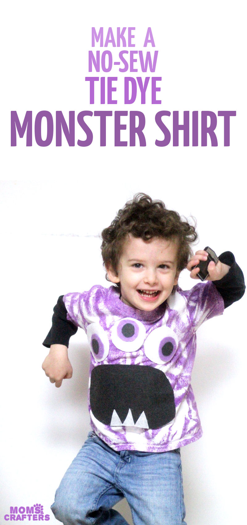 Make this quick and easy adorable DIY monster t-shirt! I love the purple tie die and it's a great DIY tee for toddlers and preschoolers. This felt monster shirt for kids is an awesome and easy shirt idea to try and a great way to upcycle an old stained tee.