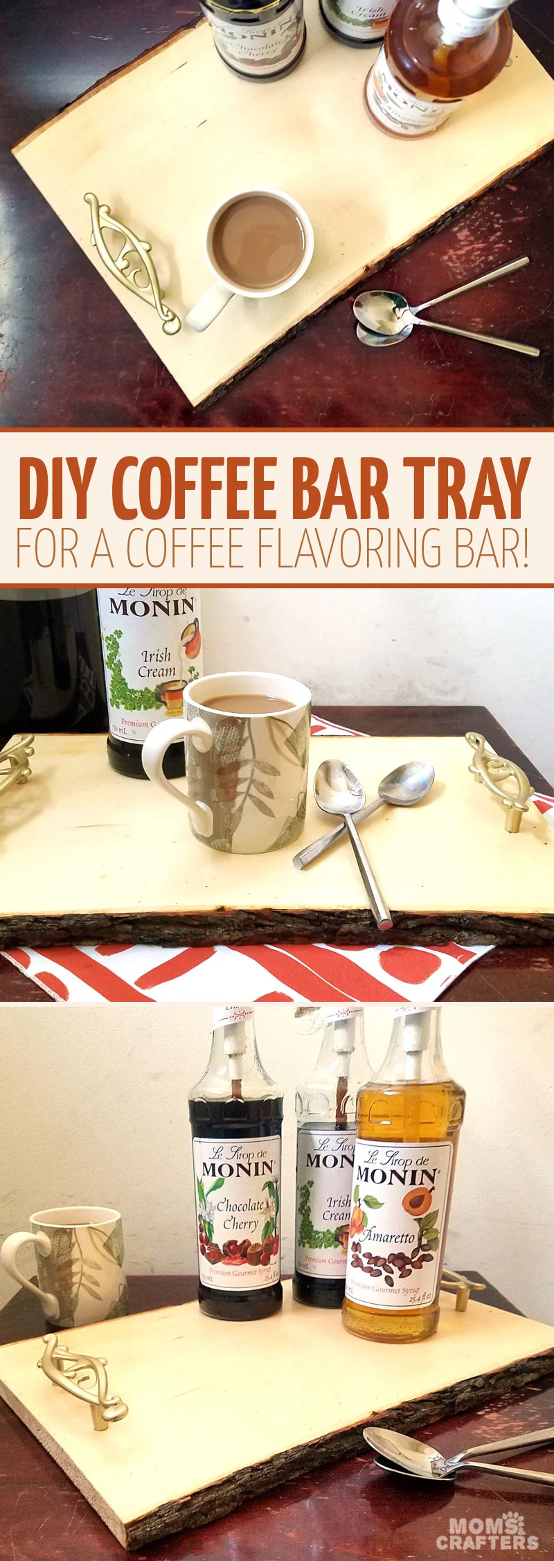 Make this beautiful rustic and easy DIY coffee bar tray - it' super easy! It's great for setting up a coffee bar in the kitchen or a flavoring station at a party or a wedding, and corrals syrups and flavorings in a small space. It has a farmhouse style to it, with a bit of glam added in - just choose the handles to suit your decor!