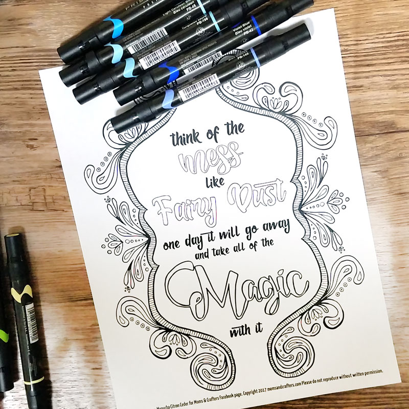 A free printable coloring page for moms - this beautiful hand-drawn quote coloring page for adults has an inspiring message about motherhood: the mess is normal! And it's a blessing! You'll love this easy grown-up page to colour, especially since you can get it for free. It's also available as full color nursery wall art (click for details) - perfect for playrooms too! So relax, enjoy some color therapy and inspiration!