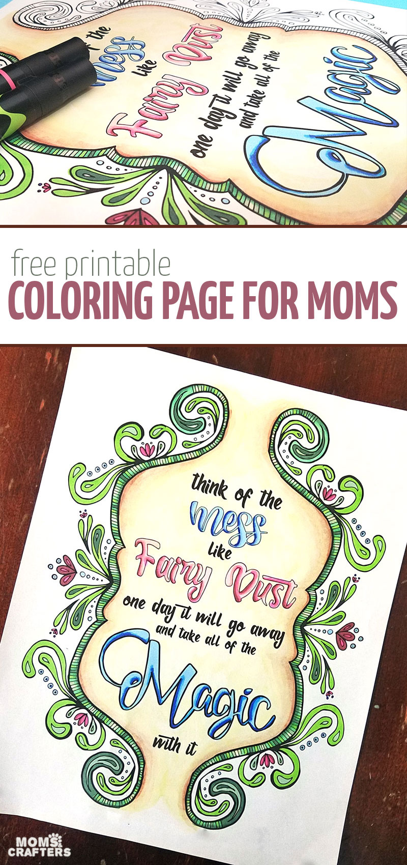 A free printable coloring page for moms - this beautiful hand-drawn quote coloring page for adults has an inspiring message about motherhood: the mess is normal! And it's a blessing! You'll love this easy grown-up page to colour, especially since you can get it for free. It's also available as full color nursery wall art (click for details) - perfect for playrooms too! So relax, enjoy some color therapy and inspiration!