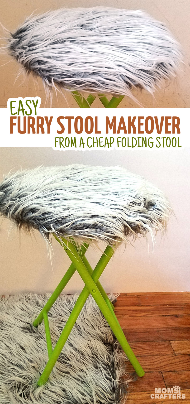 This fur stool makeover has IMPACT! It took me about half an hour including drying time... it's an easy DIY bar stool makeover that was done on a metal stool but works on wooden stools too. It's great for craft room or a teen girl's bedroom decor idea, use a round stool to sit, dress, or even as a night stand!